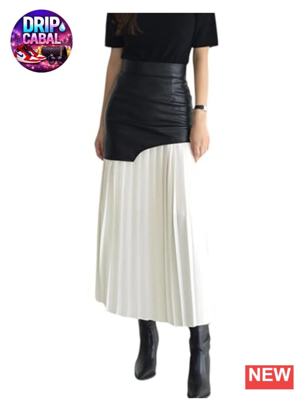 High Waist Faux PU Leather Pleated Midi Bodycon Skirt